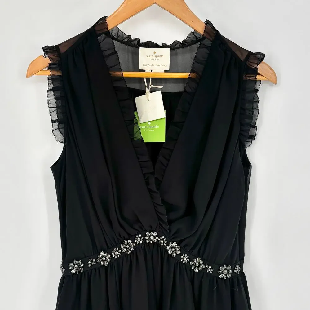 NWT Kate Spade Black Chiffon Embellished Mini Dress Size 6